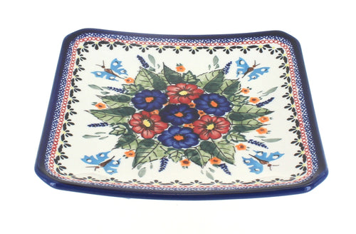 Polish Pottery Floral Butterfly Square Dessert Plate