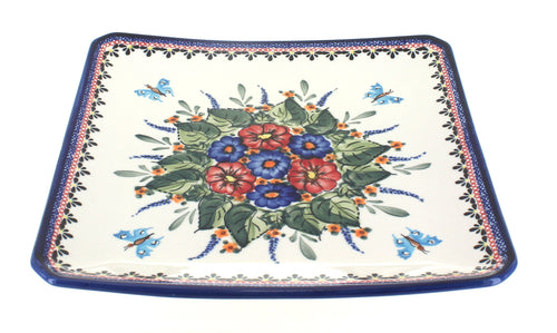 Polish Pottery Floral Butterfly Square Dinner Plate