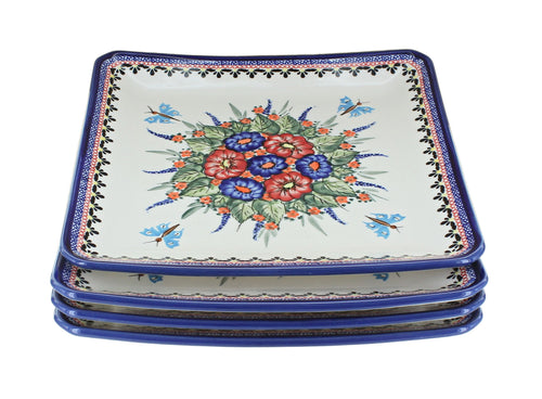 Polish Pottery Floral Butterfly Square Dinner Plate Set