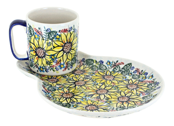 Polish Pottery Sunflower Maze Breakfast Plate with Mug