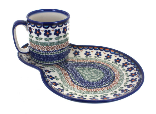 Polish Pottery Aztec Flower Breakfast Plate with Mug