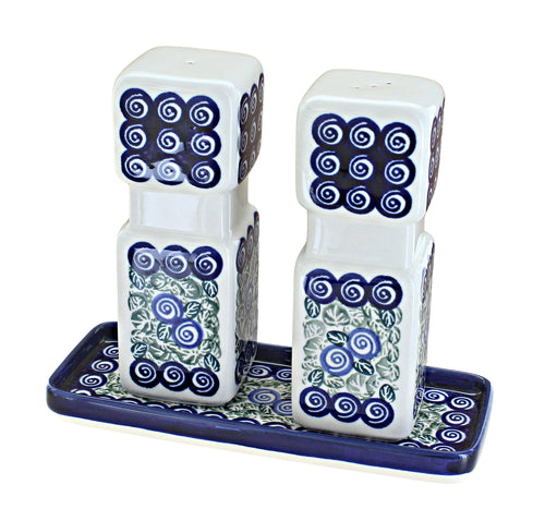 Polish Pottery Seaside Swirl Large Salt & Pepper Shakers with Tray