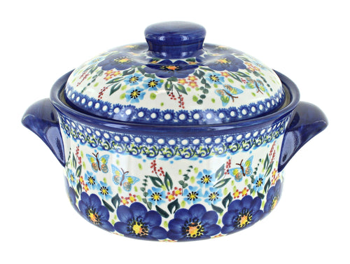 Polish Pottery Garden of Blue Round Baker with Lid