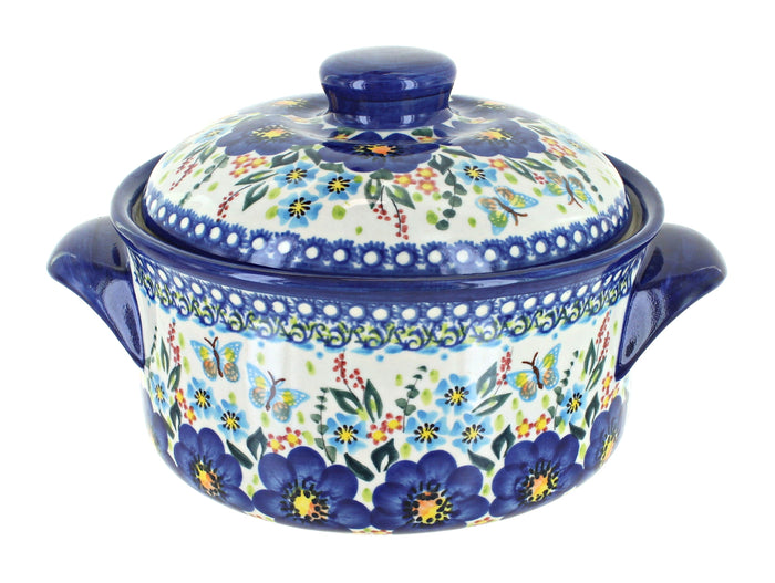 Polish Pottery Garden of Blue Round Baker with Lid
