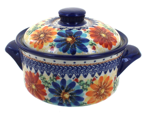Polish Pottery Autumn Burst Round Baker with Lid