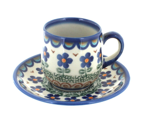 Polish Pottery Aztec Flower Espresso Cup & Saucer