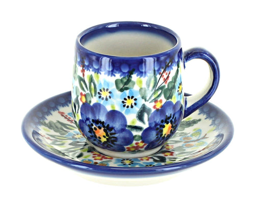 Polish Pottery Garden of Blue Espresso Cup & Saucer