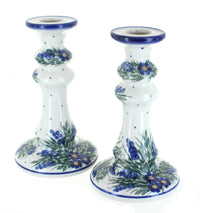 Polish Pottery Hyacinth Tall Candlestick Pair
