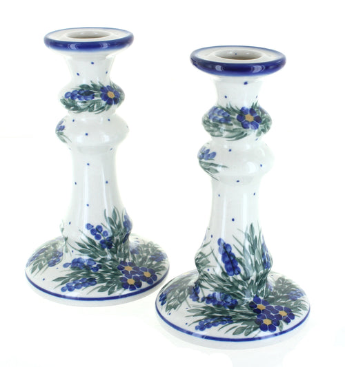Polish Pottery Hyacinth Tall Candlestick Pair