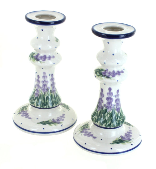 Polish Pottery Lavender Fields Tall Candlestick Pair