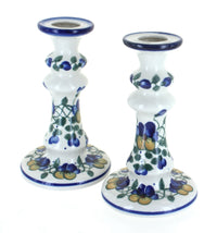 Polish Pottery Pansies Tall Candlestick Pair