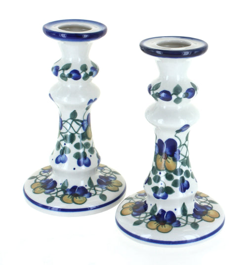 Polish Pottery Pansies Tall Candlestick Pair