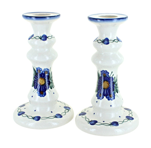 Polish Pottery Forget Me Not Tall Candlestick Pair