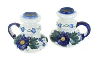 Polish Pottery Forget Me Not Candleholder Pair