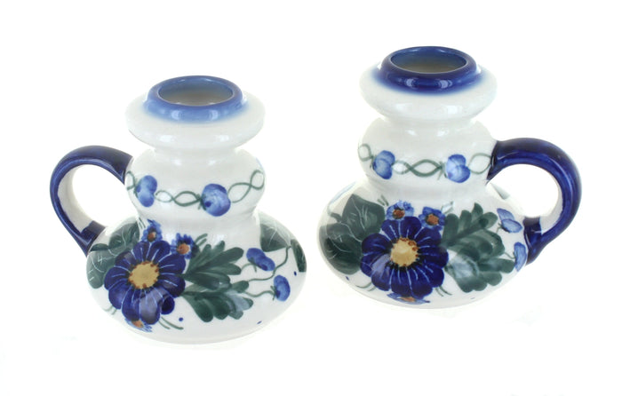 Polish Pottery Forget Me Not Candleholder Pair