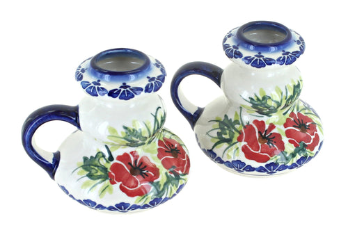 Polish Pottery Cherry Red Bouquet Candleholder Pair
