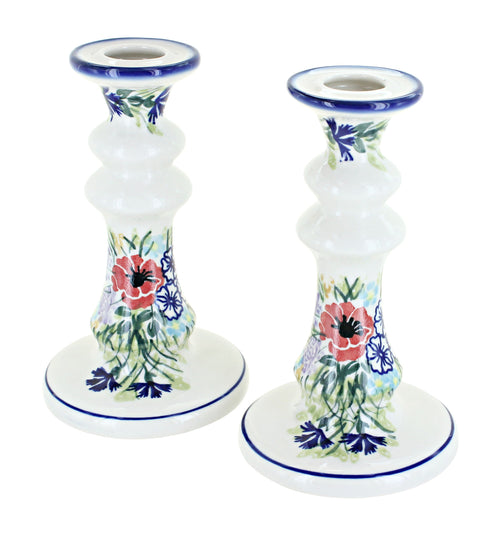 Polish Pottery Summer Garden Tall Candlestick Pair