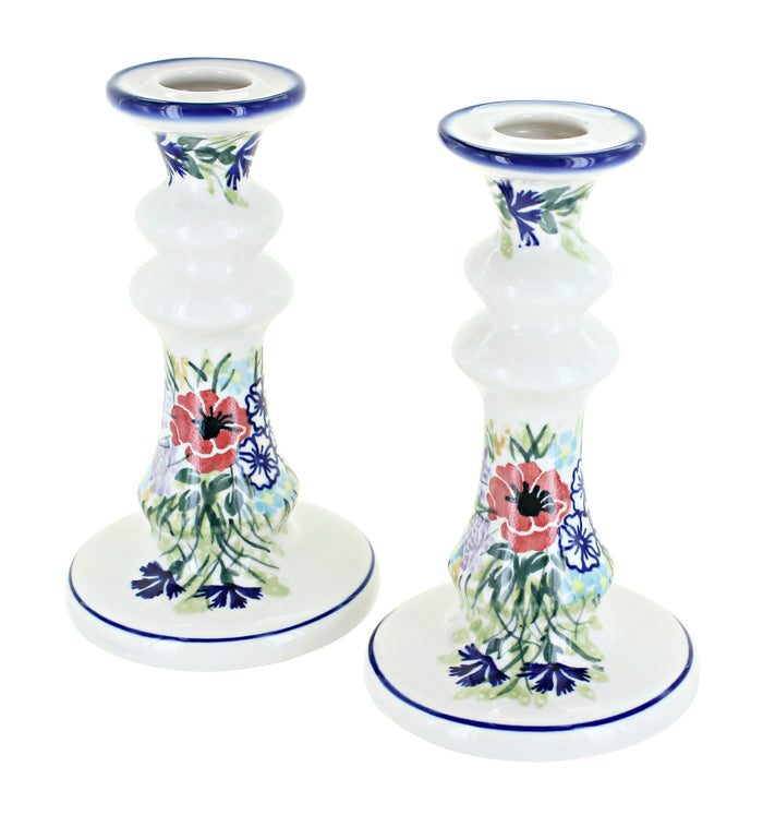Polish Pottery Summer Garden Tall Candlestick Pair
