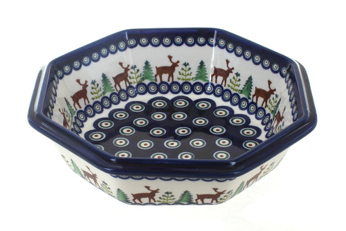 Polish Pottery Reindeer Pine Large Octagonal Bowl