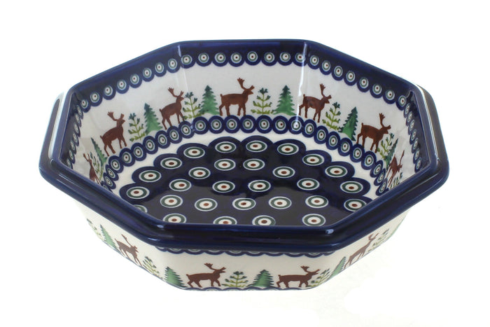 Polish Pottery Reindeer Pine Large Octagonal Bowl
