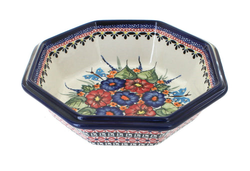 Polish Pottery Floral Butterfly Large Octagonal Bowl