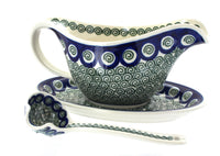 Polish Pottery Peacock Swirl Gravy Boat & Ladle