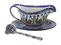 Polish Pottery Rooster Row Gravy Boat & Ladle