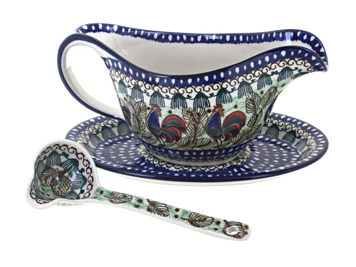 Polish Pottery Rooster Row Gravy Boat & Ladle