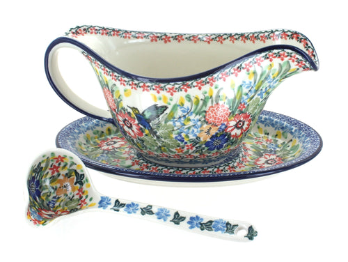 Polish Pottery Hummingbird Gravy Boat & Ladle
