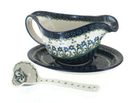 Polish Pottery Blue Posy Gravy Boat & Ladle