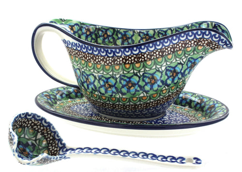 Polish Pottery Mardi Gras Gravy Boat & Ladle