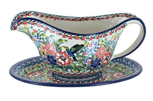 Polish Pottery Hummingbird Gravy Boat & Plate