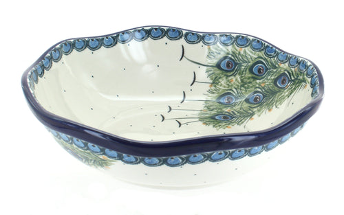 Polish Pottery Peacock Feather Large Scallop Bowl