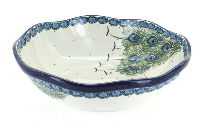 Polish Pottery Peacock Feather Large Scallop Bowl