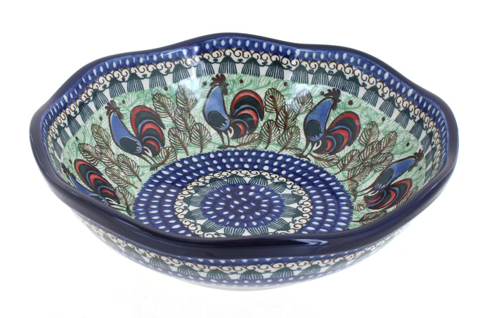 Polish Pottery Rooster Row Large Scallop Bowl