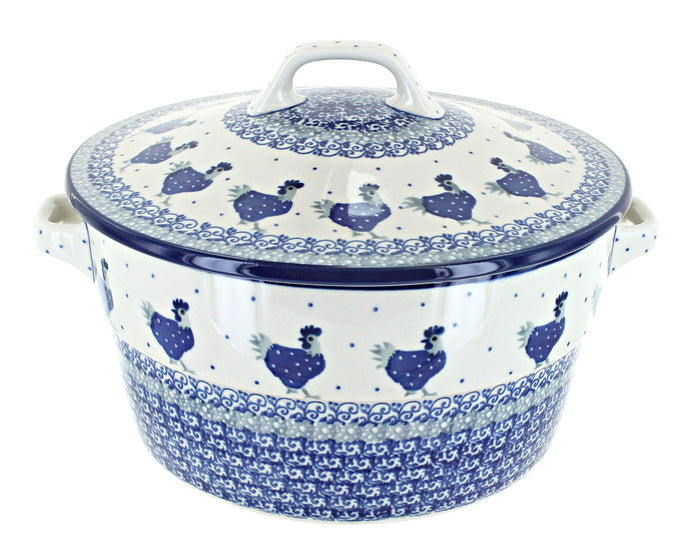 Polish Pottery Barnyard Rooster Covered Round Baker