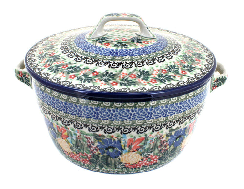 Polish Pottery Summer Blooms Covered Round Baker