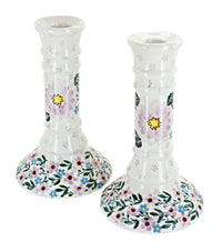 Polish Pottery Lilac Garden Candlestick Pair