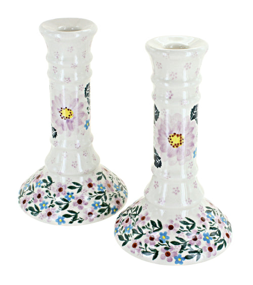 Polish Pottery Lilac Garden Candlestick Pair
