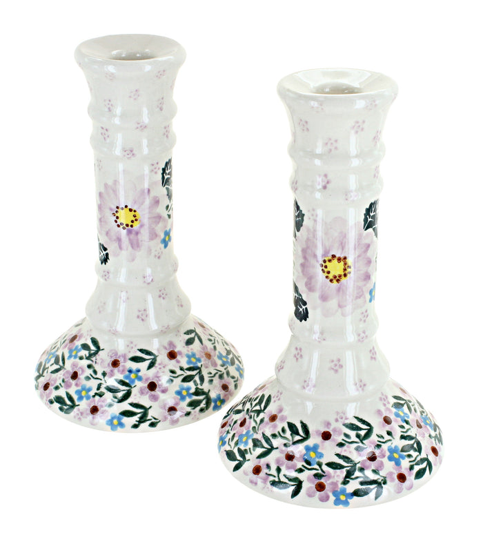 Polish Pottery Lilac Garden Candlestick Pair