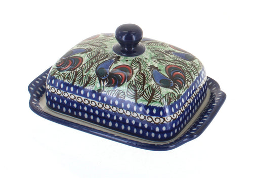 Polish Pottery Rooster Row Butter Dish