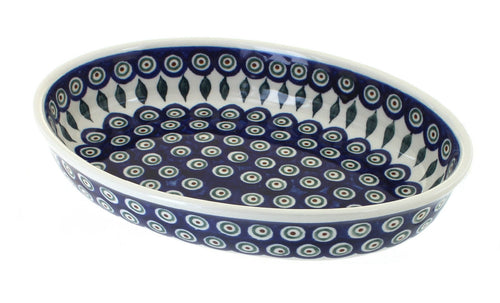 Polish Pottery Peacock Small Oval Baker