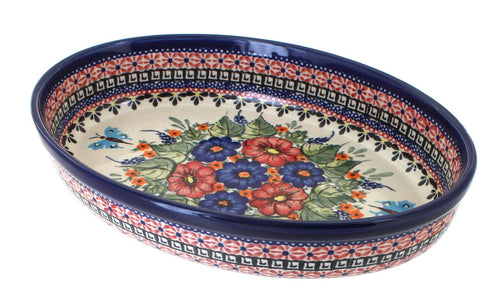 Polish Pottery Floral Butterfly Small Oval Baker