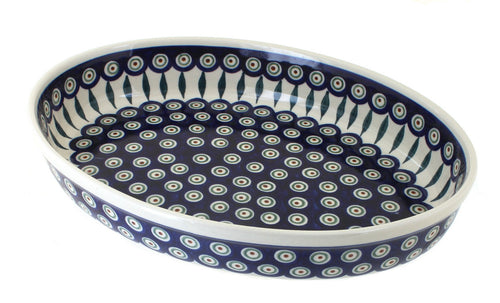 Polish Pottery Peacock Medium Oval Baker