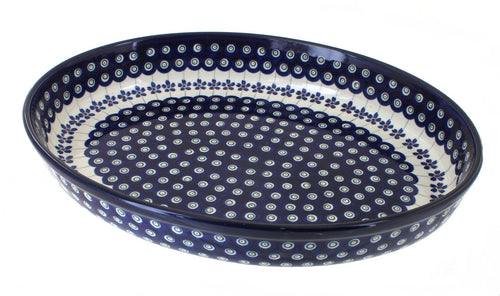 Polish Pottery Flowering Peacock Large Oval Baker