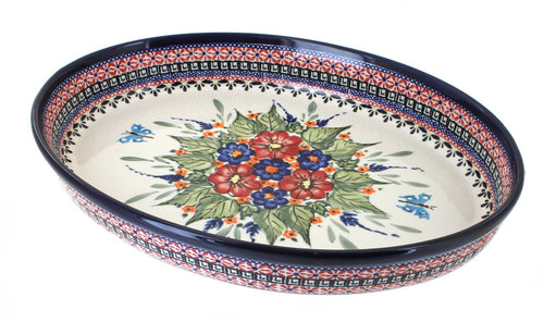Polish Pottery Floral Butterfly Large Oval Baker