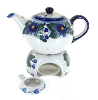 Polish Pottery Forget Me Not Teapot with Warmer & Candle Holder