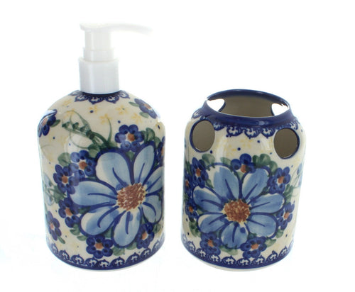 Polish Pottery Daisy Surprise Soap Dispenser & Toothbrush Holder