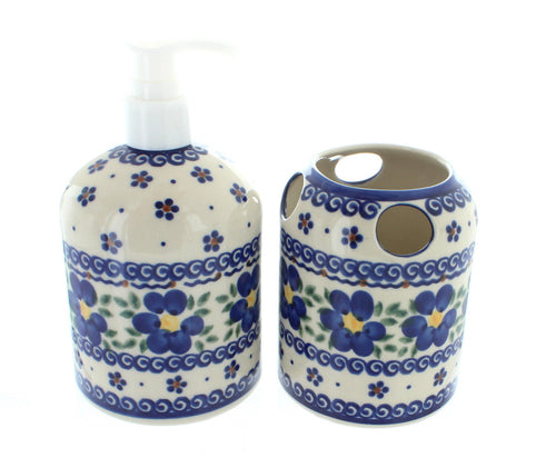Polish Pottery Spring Blossom Soap Dispenser & Toothbrush Holder