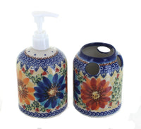 Polish Pottery Autumn Burst Soap Dispenser & Toothbrush Holder